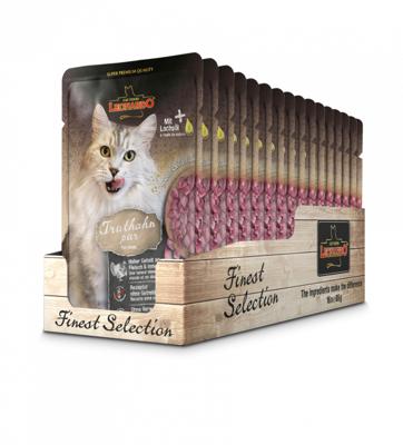 Leonardo Finest Selection Pure kalkoen, dubbelpak, 2 x 16 x 85 g, natvoer voor volwassen katten, in praktische afzonderlijke porties, met waardevolle zalmolie