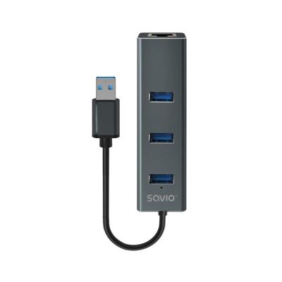 Savio AK-57 USB-A - 3 x USB-A HUB with RJ-45 Gigabit Ethernet adapter 5000 Mbit/s grey USB 3.2 Gen 1 (3.1 Gen 1) Micro-B 5000 Mbit/s Zwart - thumbnail