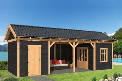 Tuindeco Hamar L Overkapping type 12 903x395 cm Lariks/Douglashout blank en Zweeds rabat zwart- Zadeldak- Onbehandeld lariks Douglas hout- Tuindeco