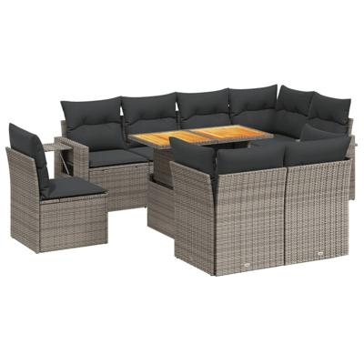 9-delige Loungeset met kussens poly rattan grijs