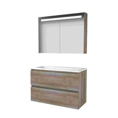 Basic-Line Premium 46 Badkamermeubelset - 100 x 46 cm - Greeploos - 2 Lades - Acryl Wastafel - 1 Kraangat - Spiegelkast met LED Verlichting - Scotch Oak