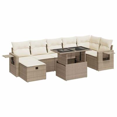 8-delige Loungeset met kussens poly rattan beige