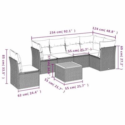 7-delige Loungeset met kussens poly rattan zwart