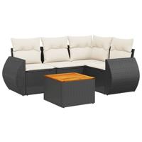 5-delige Loungeset met kussens poly rattan zwart - thumbnail