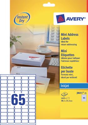 Etiket Avery J8651-25 38.1x21.2mm wit 1625 etiketten