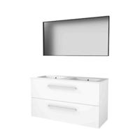 Basic-Line Framed 46 Badkamermeubelset - 120 x 46 cm - Met Grepen - 2 Lades - Keramische Wastafel - 2 Kraangaten - Spiegel met Zwart Aluminium Frame - Ice White - thumbnail