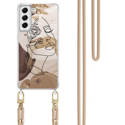 Samsung Galaxy S21 FE hoesje met beige koord - Abstract gezicht bruin Samsung Galaxy S21 FE hoesje met beige koord - Abstract gezicht bruin