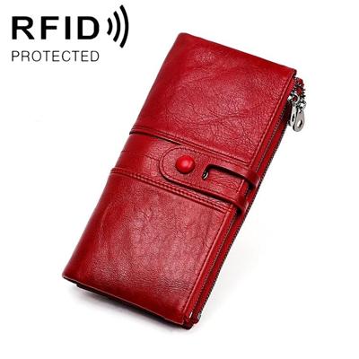 3520 Long Cowhide Leather Folding Anti-magnetic RFID Wallet for Ladies with Card Slots(Red)