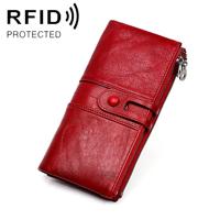 3520 Long Cowhide Leather Folding Anti-magnetic RFID Wallet for Ladies with Card Slots(Red) - thumbnail