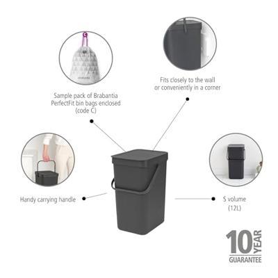 Brabantia Sort & Go afvalemmer 12 liter dark grey - thumbnail