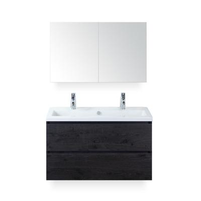 Vogue Badmeubelset 100 cm - Greeplijst in kleur - Black Oak - Keramische Wastafel Wit 2 kraangaten - met Spiegelkast