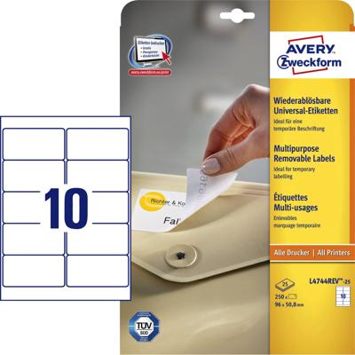 Avery afneembare witte etiketten Stick & Lift ft 96 x 50,8 mm, 250 stuks, 10 per blad Avery afneembare witte etiketten Stick & Lift ft 96 x 50,8 mm, 250 stuks, 10 per blad