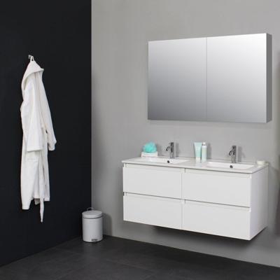 Badkamermeubel BWS Pepper Wastafel Porselein 2 Kraangaten Spiegelkast 120x55x46 cm Wit Boss & Wessing