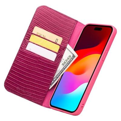 Qialino - iPhone 15 Plus - Leren bookcase hoes - Croco Roze Qialino - iPhone 15 Plus - Leren bookcase hoes - Croco Roze