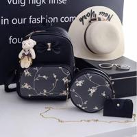 3 in 1 Bow & geborduurde bloemen patroon dubbel schouders School tas rugzak reistas met beer Doll hanger (zwart) - thumbnail