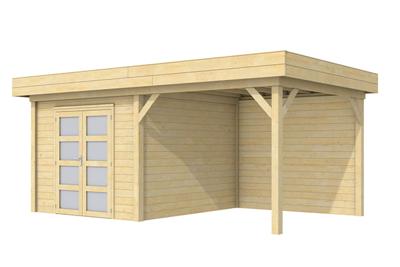 Woodvision Bosuil blokhut 300x300 cm + overkapping 400 cm vuren blank- Plat dak- Onbehandeld vurenhout- Woodvision