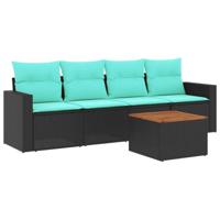 5-delige Loungeset met kussens poly rattan zwart - thumbnail