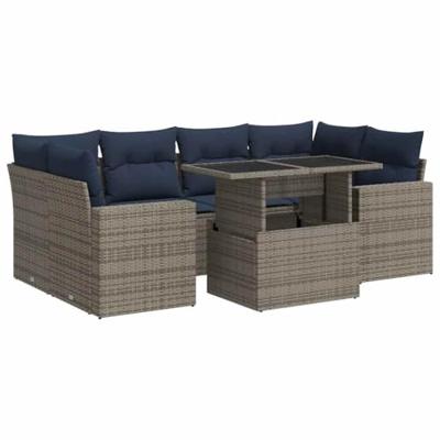 7-delige Loungeset met kussens poly rattan acacia grijs
