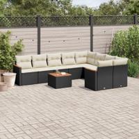 10-delige Loungeset met kussens poly rattan zwart - thumbnail