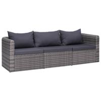 3-delige Loungeset met kussens poly rattan grijs - thumbnail