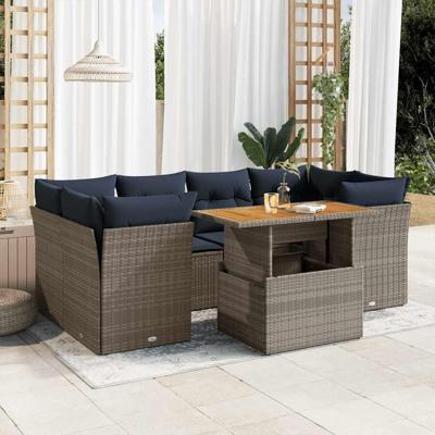 7-delige Loungeset met kussens poly rattan grijs