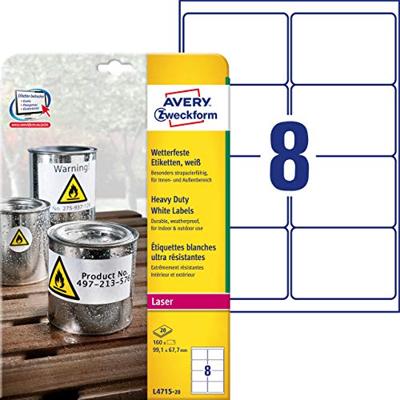 Avery-Zweckform L4715-20 Folie-etiketten 67.7 x 99.1 mm Polyester folie Wit 160 stuk(s) Permanent hechtend Laser (kleur), Laser (zwart/wit), Kopiëren (kleur), - thumbnail