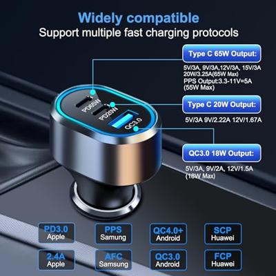 Autolader - Snellader - Autolader USB C - 12v USB Autolader - USB QC3.0 18W & USB C 65W & USB C 20W - Ook geschikt voor laptops en tablets - 103 Watt - 12/24Volt (PS27)