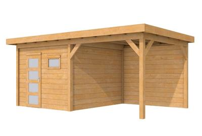 Woodvision Raaf Topvision tuinhuis 303x303 cm + overkapping 300 cm Douglas blank- Plat dak- Onbehandeld lariks Douglas hout- Woodvision