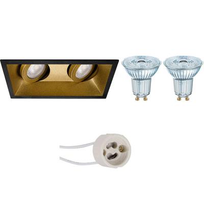 GU10 Inbouwspot Set - Mat Zwart/Goud - Inbouw Rechthoek Dubbel - Dimbaar - Kantelbaar - LEDVANCE Parathom PAR16 940 36D - Pragmi Zano Pro - 3.4W - Natuurlijk Wit 4000K - 185x93mm