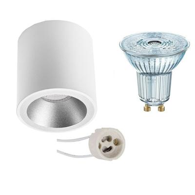 Opbouwspot Set - LEDVANCE Parathom PAR16 930 36D - Pragmi Cliron Pro - GU10 Fitting - Dimbaar - Opbouw Rond - Mat Wit/Zilver - 3.4W - Warm Wit 3000K - Verdiept - Ø90mm