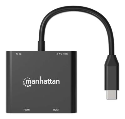 Manhattan USB 2.0 Adapter [1x USB-C stekker - 4x HDMI-bus, USB 2.0 bus A, USB-C bus (Power Delivery)] 15 cm 4K UHD, Stekker past op beide manieren, Met laadbus