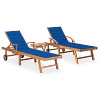 Ligbedden 2 st met tafel en kussens massief teakhout - thumbnail