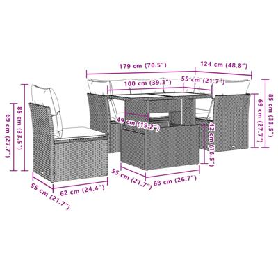 6-delige Loungeset met kussens poly rattan bruin - thumbnail