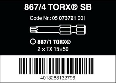 Wera 867/4 Z 50mm SB SiS 05073721001 Torx-bit T 15 Gereedschapsstaal Gelegeerd, Taai F 6.3 2 stuk(s)