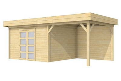 Woodvision Parelhoen blokhut 400x300 cm + overkapping 400 cm vuren blank- Plat dak- Onbehandeld vurenhout- Woodvision