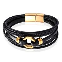 Mendes Jewelry Heren Armband van Roestvrijstaal en Echt Leder - Stijlvol Zwart met Gouden Achtkant-23cm - thumbnail