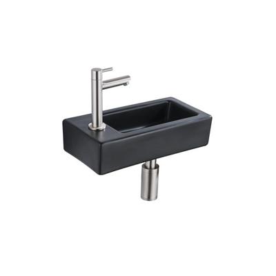 QeramiQ Fuente Fonteinset - 37.5x18.5x9cm - keramiek - kraangat links - fonteinkraan geborsteld RVS - afvoerplug - verlaagd sifon - Mat Zwart SW1122451/SW696207/SW696217/SW696237