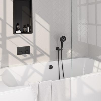 Brauer Stripe thermostatische inbouw badkraan met drukknoppen SET 04 met badvulcombinatie en 3-standen handdouche en doucheslang en wandaansluitbocht mat zwart