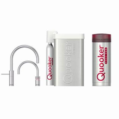 Quooker Nordic Round Twintaps kokendwaterkraan - draaibare uitloop - Combi incl. Cube reservoir - Warm / kokend water - RVS 3NRRVSTT-CUBE