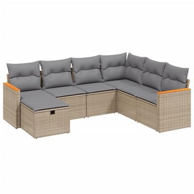7-delige Loungeset met kussens poly rattan gemengd beige