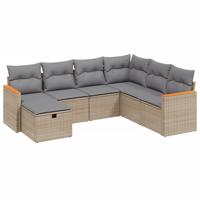 7-delige Loungeset met kussens poly rattan gemengd beige - thumbnail