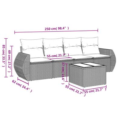 5-delige Loungeset met kussens poly rattan grijs - thumbnail