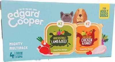 Edgard Cooper Hondenvoer, natvoer voor volwassenen, multipack (kip/lam, 4 x 300 g), natvoer voor honden, vers vlees en natuurlijke ingrediënten, graanvrij, zonder toegevoegde suiker
