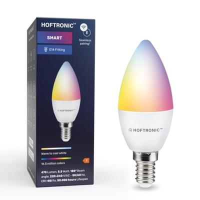 Smart E14 lamp - E14 Kaarslamp - 5,5 Watt 470 lumen - RGBWW - Wifi & Bluetooth - Bestuurbaar via app - Google Home, Amazon Alexa en Siri - Smart lamp