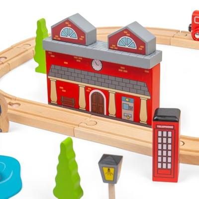 Bigjigs houten treinbaan en autobaan set, 105dlg. - thumbnail