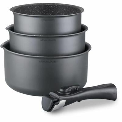 Arthur Martin AM777GM Keukenbatterij Set van 3 pannen - Matt Gray 16-18-20 cm + 1 Verwijderbare handgreep - Alle lichten inclusief inductie