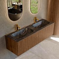 Mondiaz KURVE-DLUX 150 cm Onderkast Greeploos 2 Lades Zonder Deuren Walnut, Wastafel Solid Surface Dubbel Lava 2 Kraangaten Zonder Spiegel (KRVSTS1502L0D2KD-Wal/Lav) - thumbnail