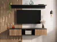 Tv-meubel met wandplank ELIAME 2 deuren walnoot/zwart - thumbnail