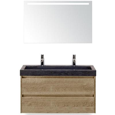 Dante Badmeubelset 100 cm - Natuur Eiken - Wastafel Hardsteen Wit Lucca 2 Kraangaten met Sence Spiegel