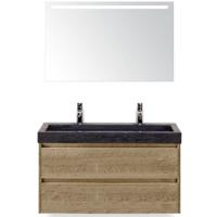 Dante Badmeubelset 100 cm - Natuur Eiken - Wastafel Hardsteen Wit Lucca 2 Kraangaten met Sence Spiegel - thumbnail